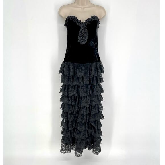 Jessica McClintock VTG Velvet Tiers Lace Maxi Dress Sz 2 Black Strapless Ruffles - Picture 1 of 15